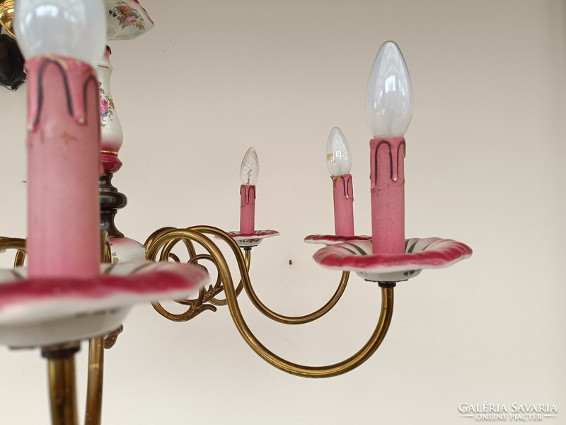 Antik csillár 8 karú rózsa motívum porcelán betétes flamand eredeti gyertyákkal + 8 új izzó 886 8562