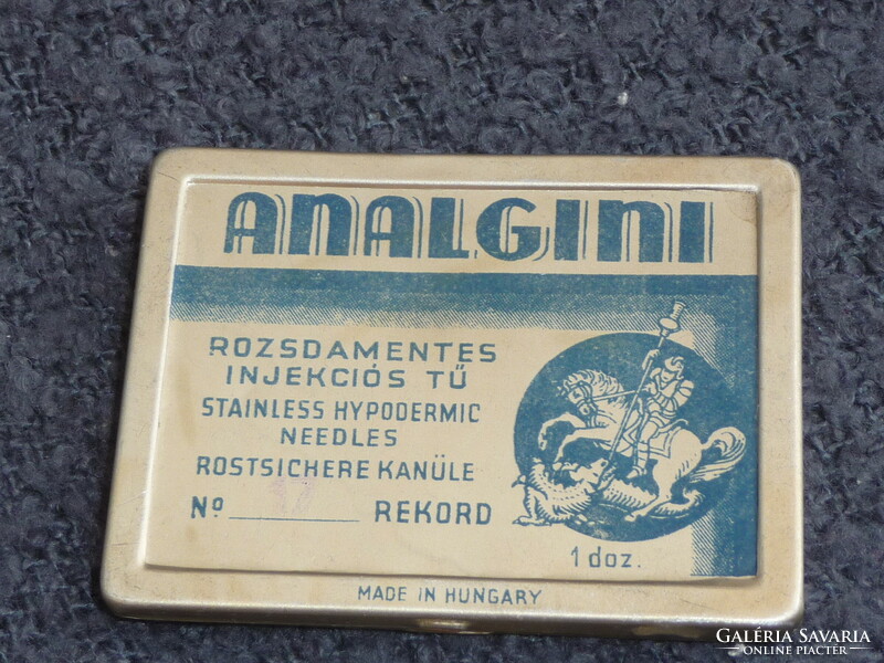 Régi magyar orvosi fémdoboz Analgini injekciós tű doboz 1940 es évek orvosi doboz Szent György képes