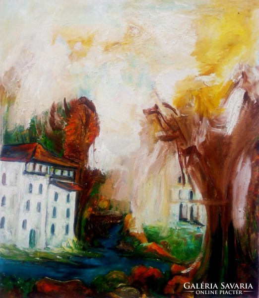 Modern absztrakt festmény Hollandiából. Kiszáradt fa a kanális mentén