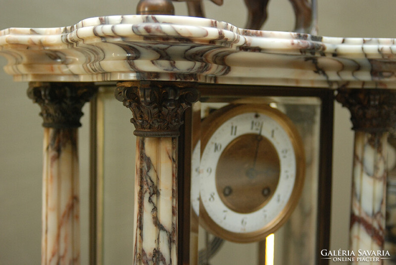 Antique alabaster mantel clock with pair of candle holders