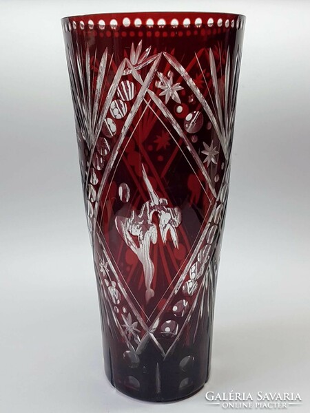 Large burgundy cut crystal vase with ballerina pattern - small damage