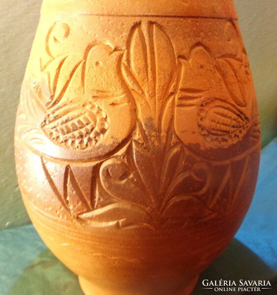 Floor vase: engraved pattern, partly glazed, marked tile.