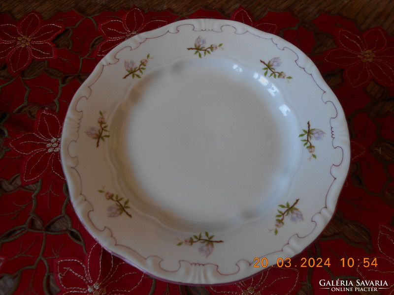 Zsolnay lila barackvirágos, rózsaszín tollazott süteményes tányér, 6 db