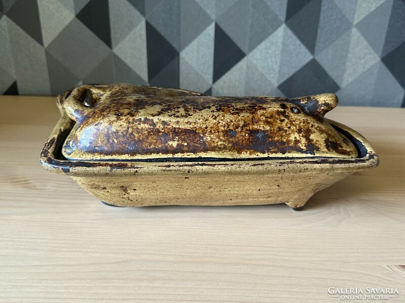 Antique lamb baking dish, glazed earthenware