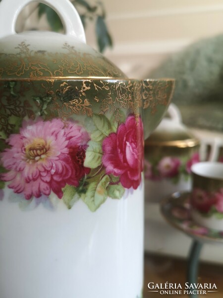 Szecessziós kávés szett, 3 személyes porcelán antik rózsás készlet