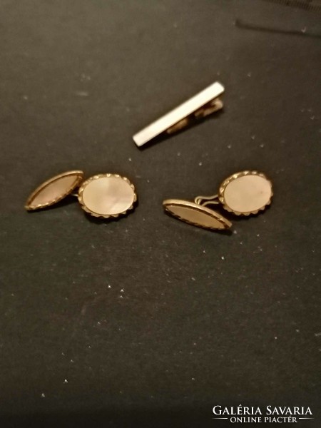 Cufflinks with mother-of-pearl inlay - with matching tie clip