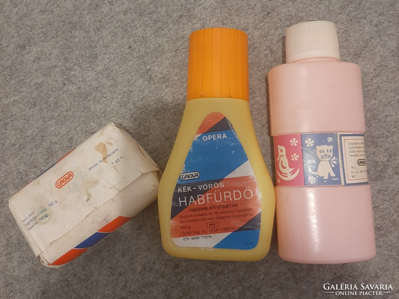 Retro caola souvenirs: blue, red toilet soap; opera blue-red bubble bath, baby talcum powder