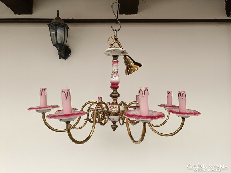 Antique 8-arm rose motif Flemish chandelier with porcelain insert with original candles + 8 new bulbs 885 8561