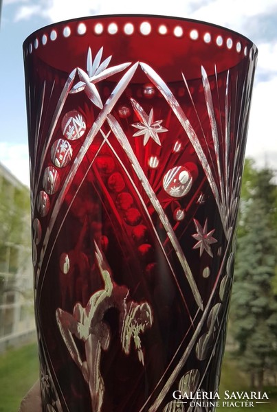 Large burgundy cut crystal vase with ballerina pattern - small damage