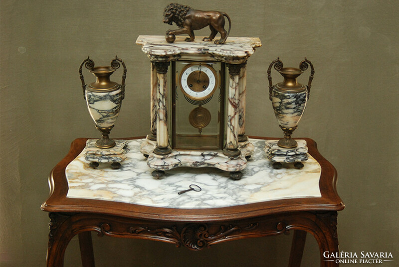 Antique alabaster mantel clock with pair of candle holders