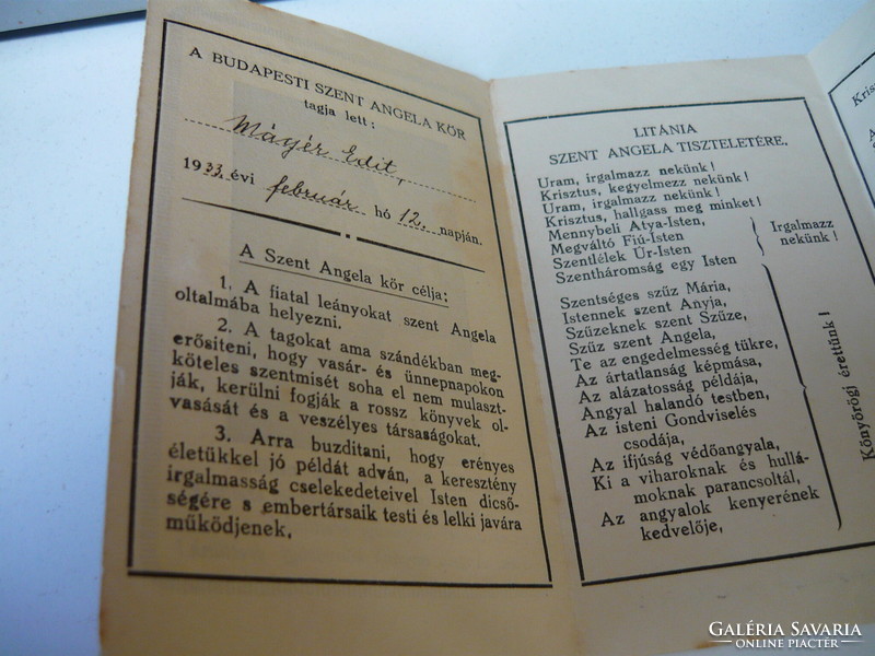 Budapesti Szent Angela kör tagsági irata, 1933.