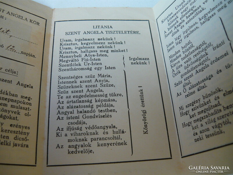 Budapesti Szent Angela kör tagsági irata, 1933.