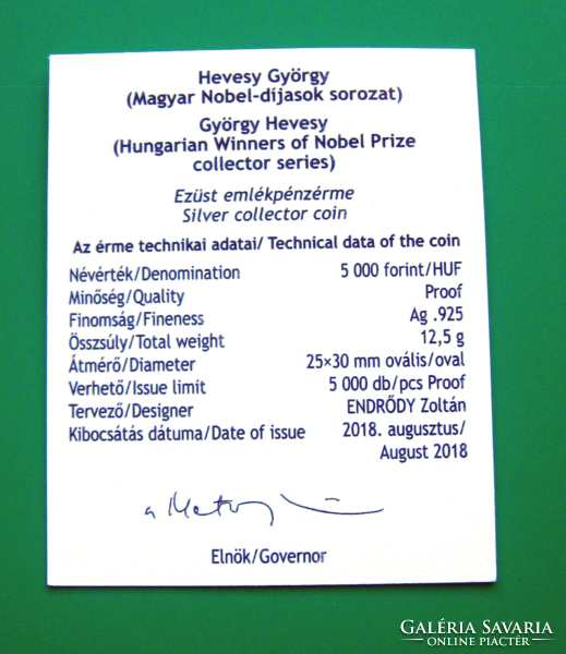 2018 - György Hevesy received the Nobel Prize 75 years ago - silver HUF 5,000 - pp - with certificate