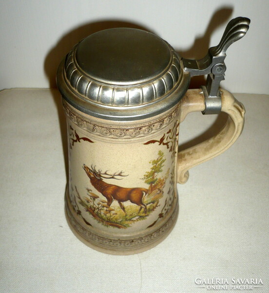 Ceramic hunting jar with tin lid, marked cup with lid