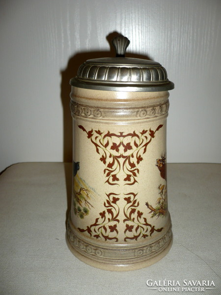 Ceramic hunting jar with tin lid, marked cup with lid