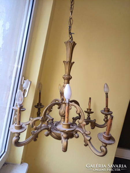 Antique 8-branch baroque chandelier carved from wood