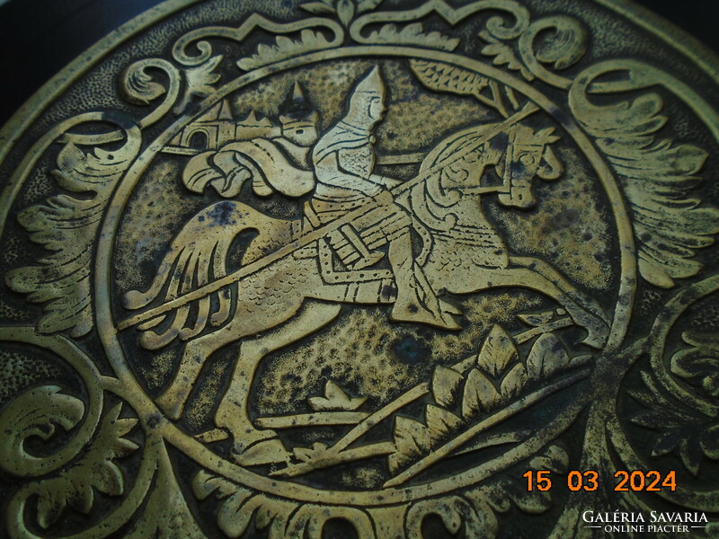 Fire-gilt niello bronze bowl with raised medieval knight s.A.F.B. (Scott air force base ?!) Marking