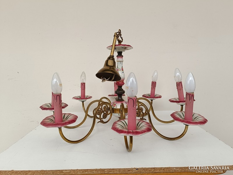 Antique 8-arm rose motif Flemish chandelier with porcelain insert with original candles + 8 new bulbs 886 8562