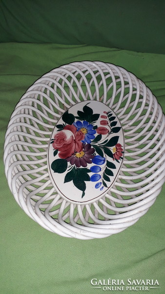 Antique sealed Kispest porcelain oval openwork flower pattern offering basket bowl 26 x 21 x 6 cm