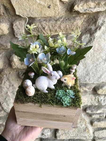 Spring Easter decor decoration table decoration in a wooden box with bunnies is unique