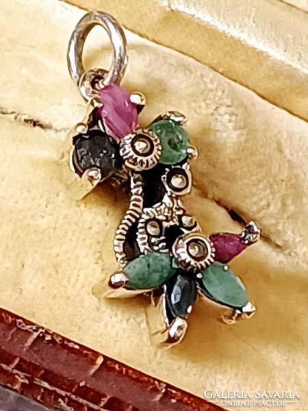 Silver pendant with ruby, sapphire, emerald and marcasite stones