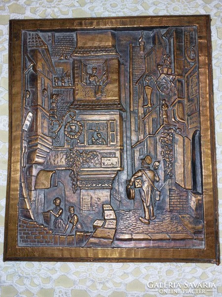 Bronze or copper embossed wall picture, street scene
