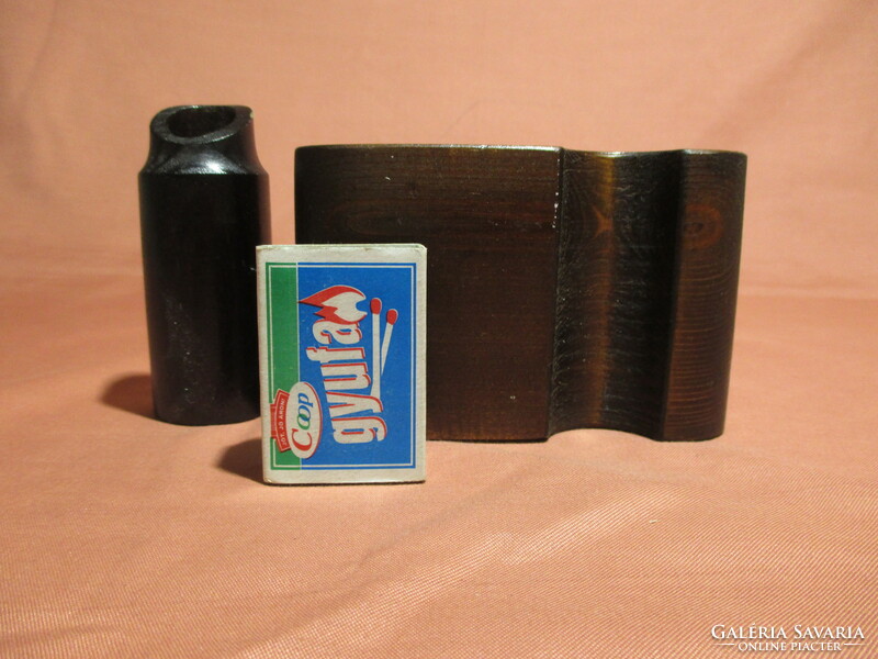 Retro wooden table cigarette and lighter holder from the 80s, smoking set