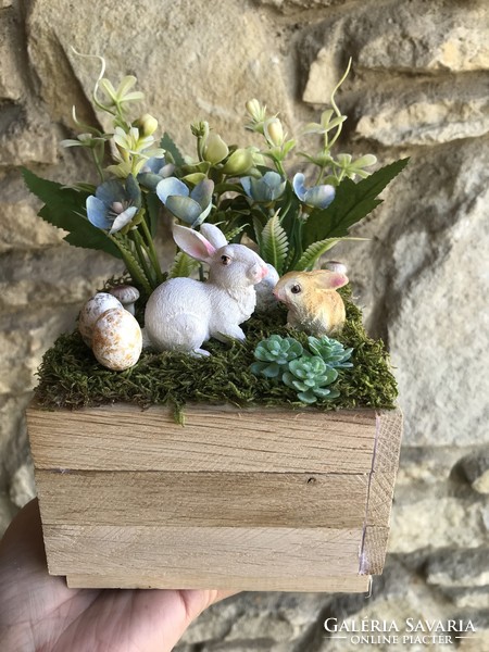 Spring Easter decor decoration table decoration in a wooden box with bunnies is unique