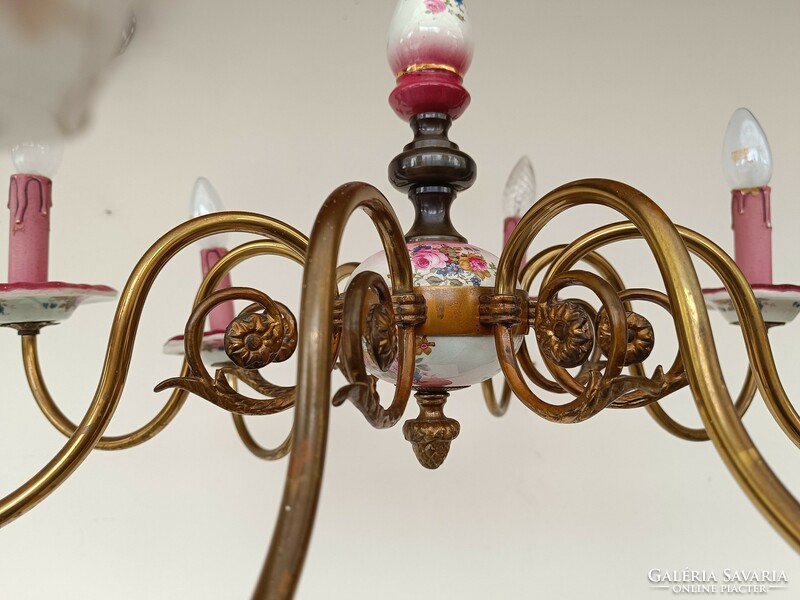 Antik csillár 8 karú rózsa motívum porcelán betétes flamand eredeti gyertyákkal + 8 új izzó 886 8562