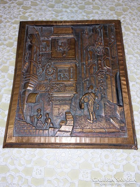 Bronze or copper embossed wall picture, street scene
