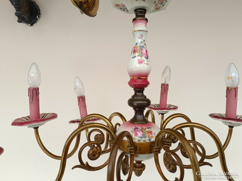 Antique 8-arm rose motif Flemish chandelier with porcelain insert with original candles + 8 new bulbs 886 8562