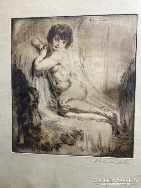 István Prihoda: angelic nude (colored etching)