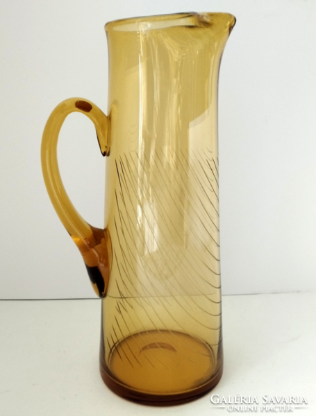 Old, beautiful, graceful, large-sized, honey amber-colored, blown broken huta glass jug with a polished pattern