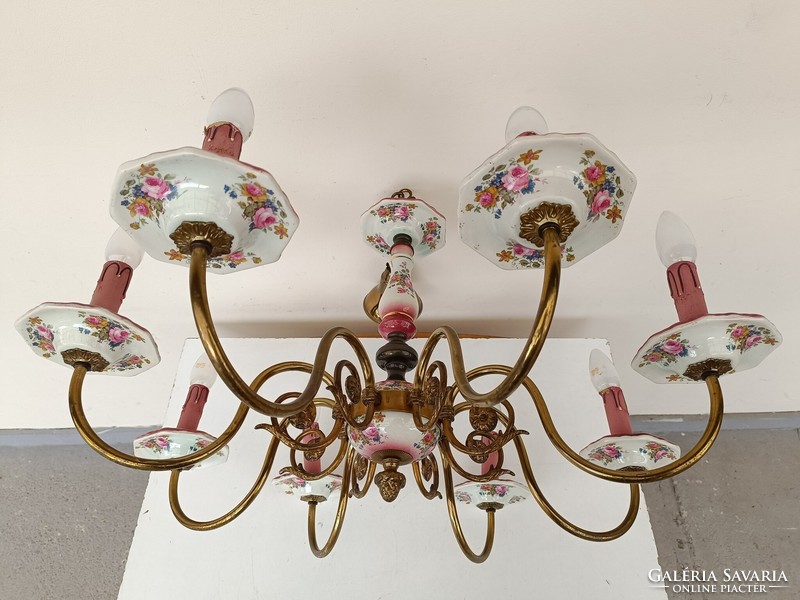 Antique 8-arm rose motif Flemish chandelier with porcelain insert with original candles + 8 new bulbs 886 8562