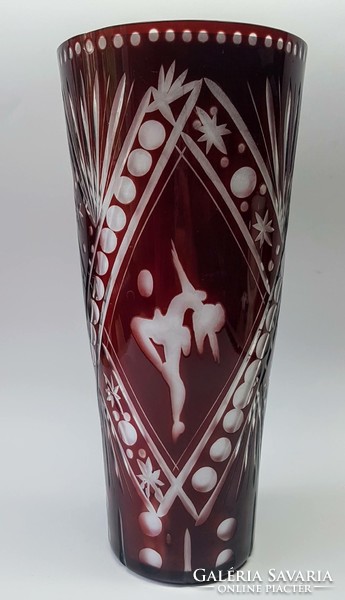 Large burgundy cut crystal vase with ballerina pattern - small damage