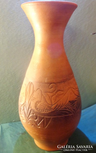 Floor vase: engraved pattern, partly glazed, marked tile.