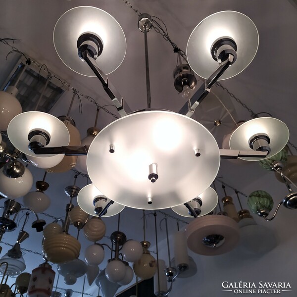 Streamline - art deco 6 + 2-burner chandelier renovated - stained glass discs - lampart