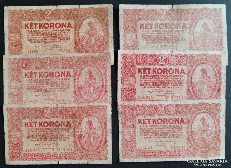 6 x 2 Korona 1920, gyengébb minőségű bankjegyek, G-VG
