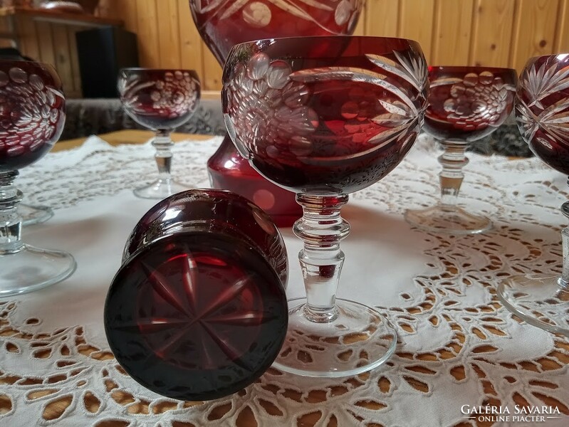 Bordó ólomkristály pohár készlet + butella hiánytalan + váza (2 termék)