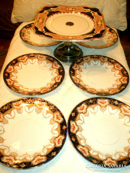 Antique English Cartilage. Cake set with Imari pattern - cake plate + 10 plates - art&decoration