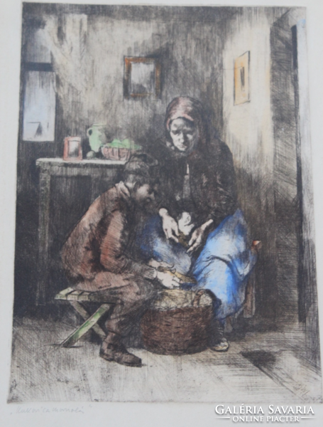 József Vati colored etching - 