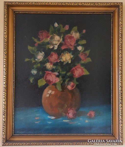 János Dunay: still life with flowers, oil on canvas