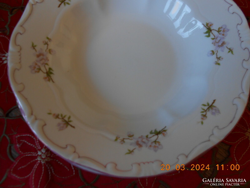 Zsolnay lila barackvirágos, rózsaszín tollazott mély tányér