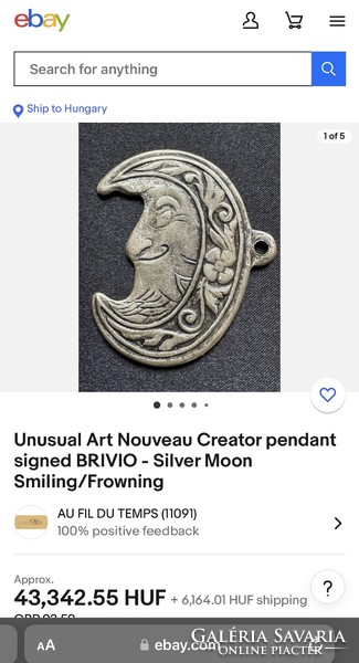 Antik Art nouveau ezüst mosolygó hold jelzett BRIVIO nagyméretű medál
