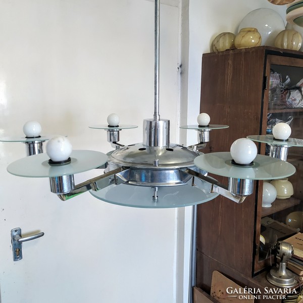 Streamline - art deco 6 + 2-burner chandelier renovated - stained glass discs - lampart