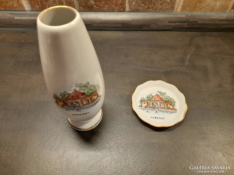 Aquincum porcelain vase and small bowl with woodpecker inscription together, in good condition