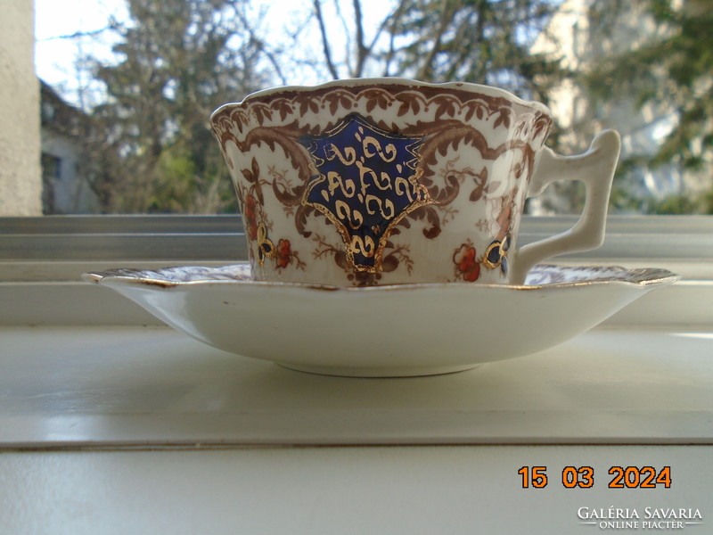 19th English hand-painted cobalt gold shield pattern, flower pattern, relief pattern tea cup with coaster