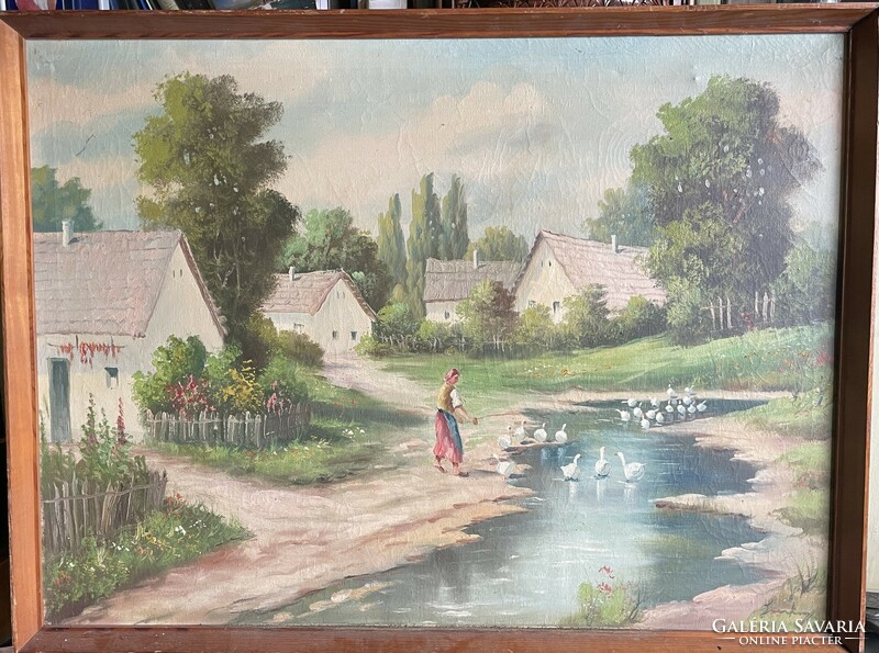 Hungarian farm life - the end of the village with a stream and geese marked around 1950!