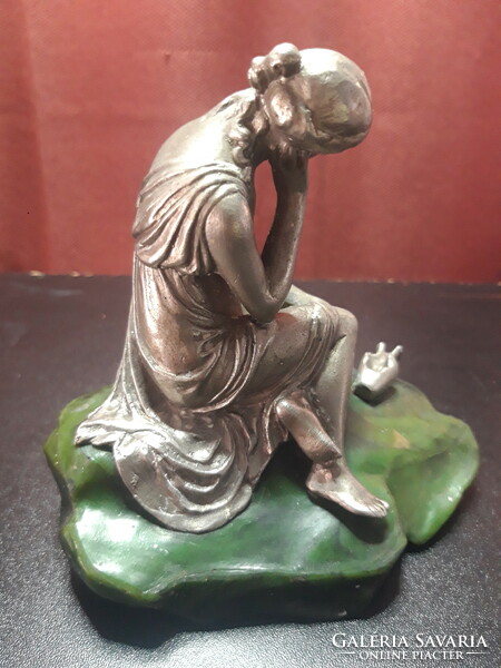 Girl mourning her broken jug - old Russian pewter sculpture