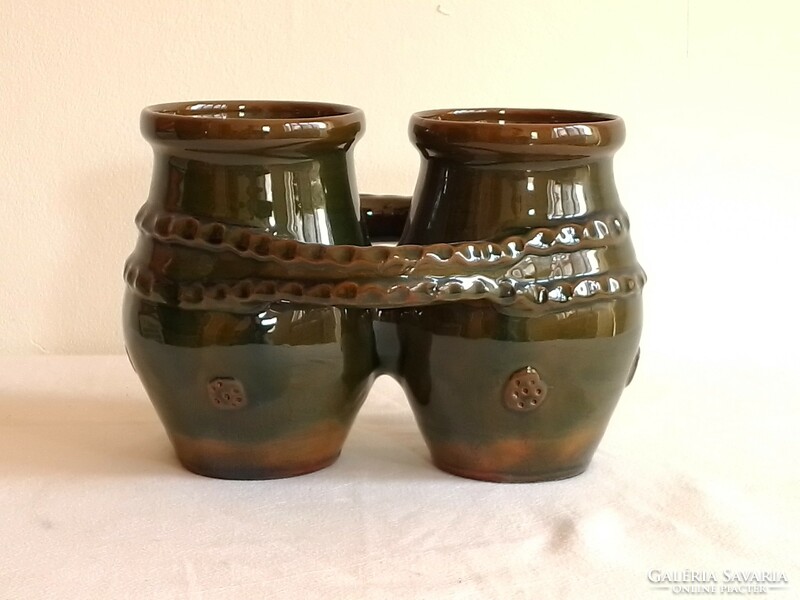 Pair of old green-glazed ceramic craftsman twin jugs, Sándor Bagossy potter